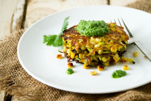 Curried Corn and Zucchini Fritters + Cilantro Mint Chutney | Relishing It