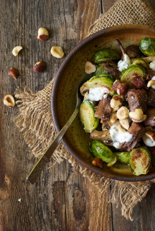 Roasted Brussel Sprouts, Mushrooms, and Beef with Horseradish Cream Sauce | Relishing It